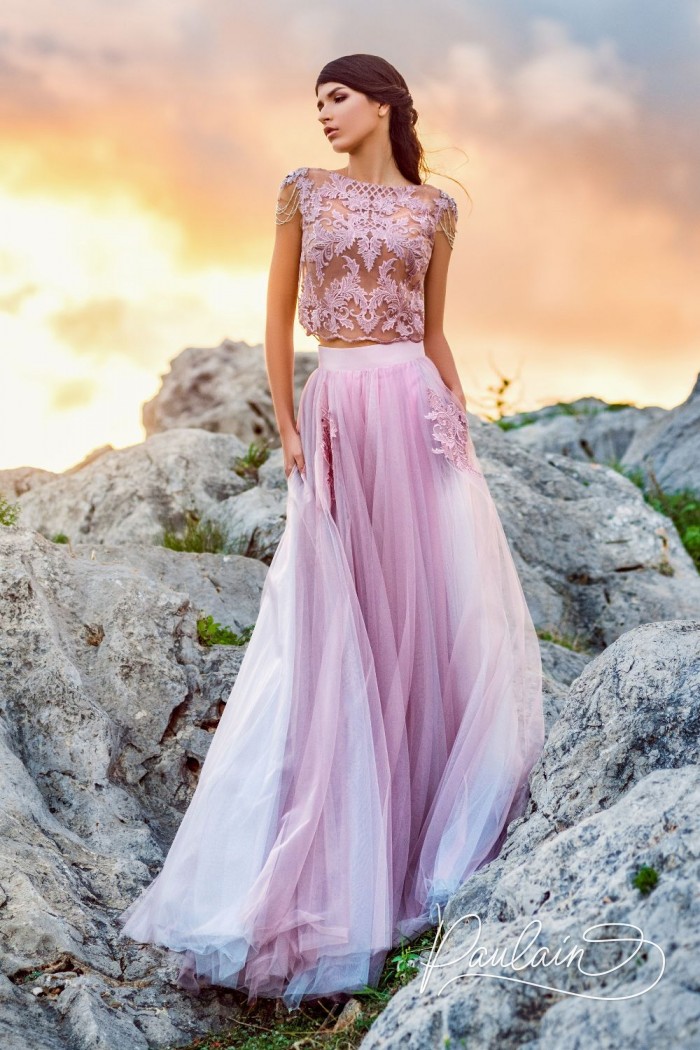 Нежное вечернее платье с прозрачным топом и изысканной вышивкой - АЛЬБИОН | Paulain