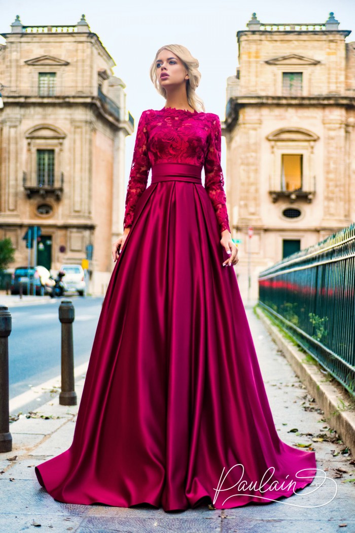 Кружевное вечернее платье с длинной атласной юбкой - АМБЕР | Paulain