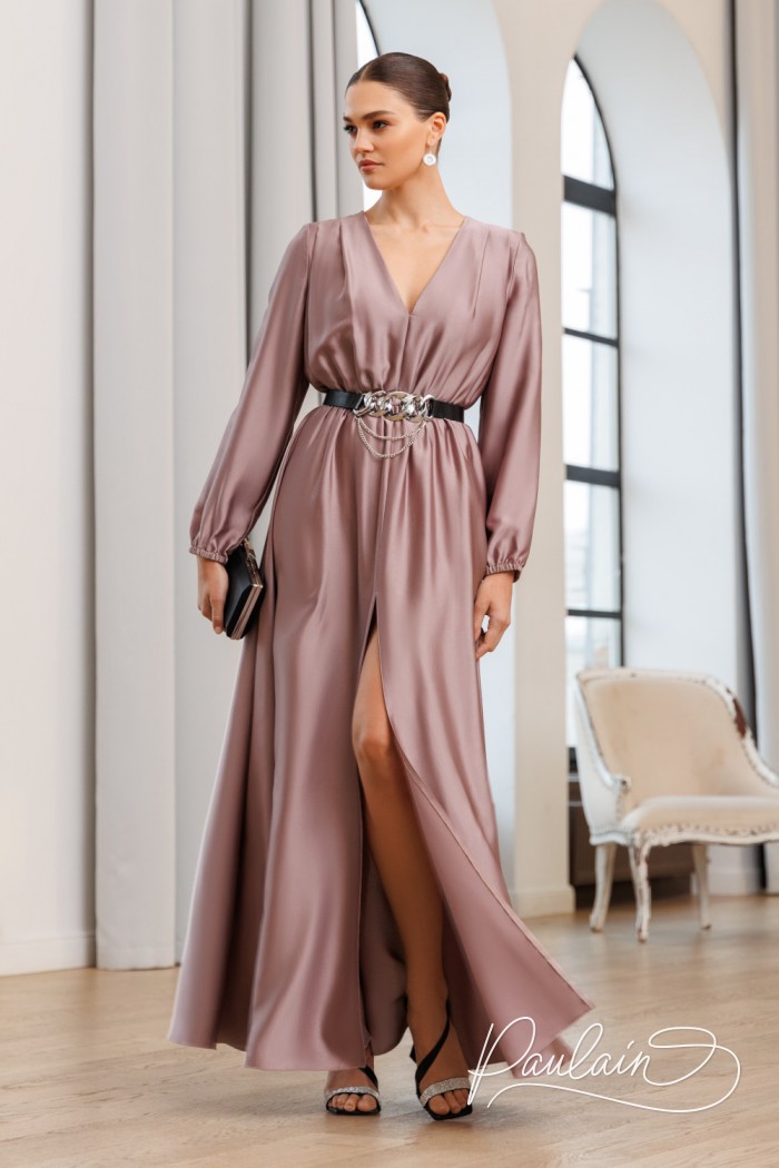 Женское длинное вечернее платье с перламутровыми бликами и высоким разрезом  - АРЛЕТТ | Paulain