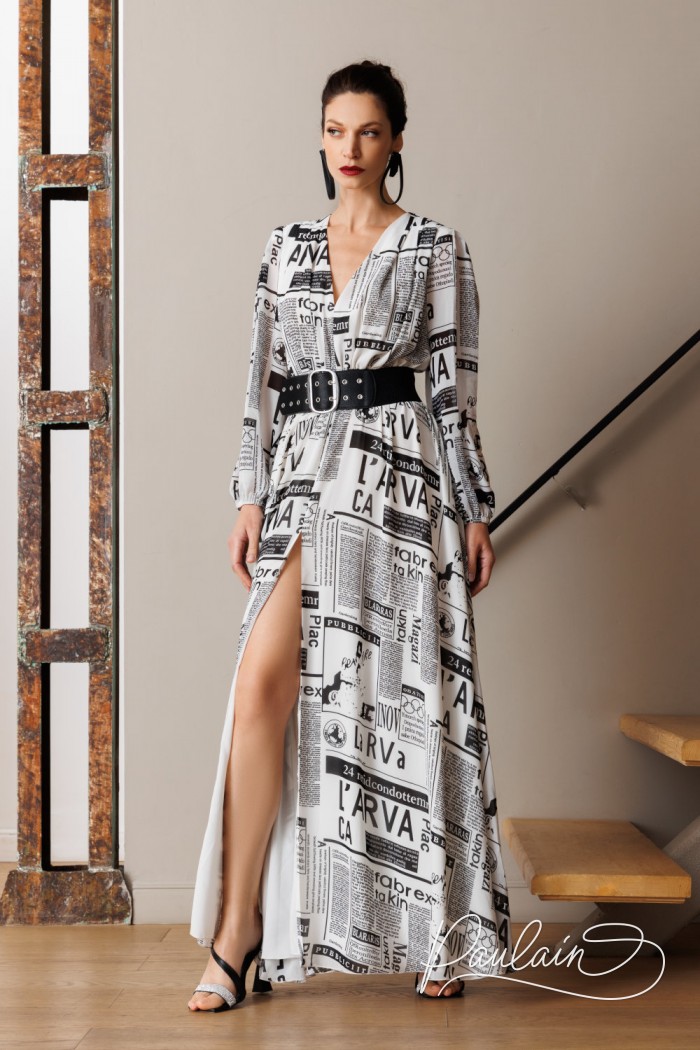 Модное шифоновое платье в пол с авторским принтом и длинным рукавом - АСТИ | Paulain