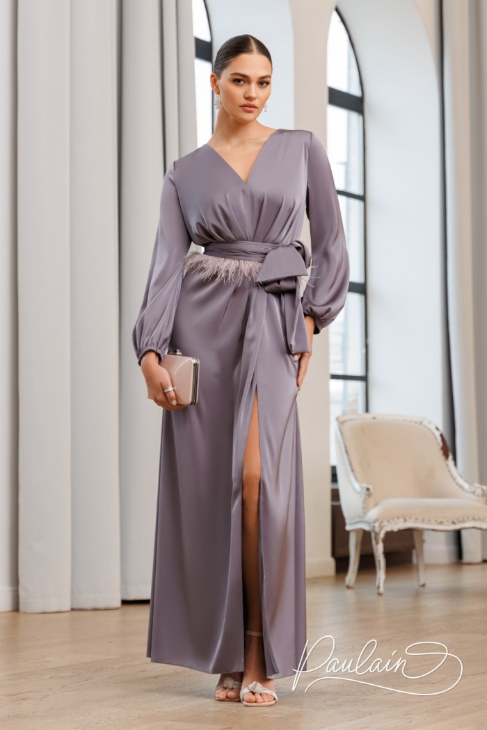 Элегантное вечернее платье в пол с элементом боа и длинным рукавом - БРИОНИ | Paulain