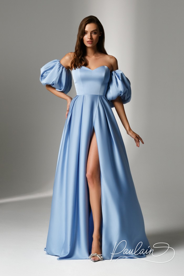 Красивое вечернее голубое платье в пол со съемными рукавами и высоким разрезом