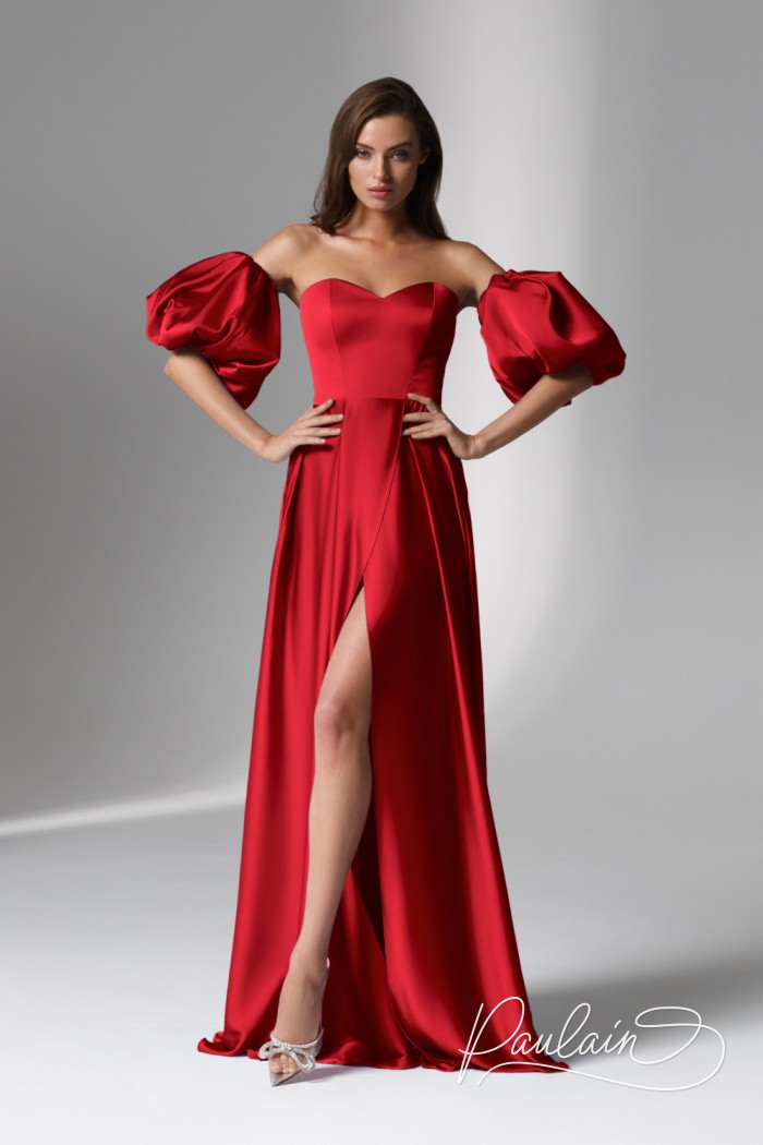 Женственное вечернее красное платье со съемными рукавами и высоким разрезом - ЭЙВА | Paulain
