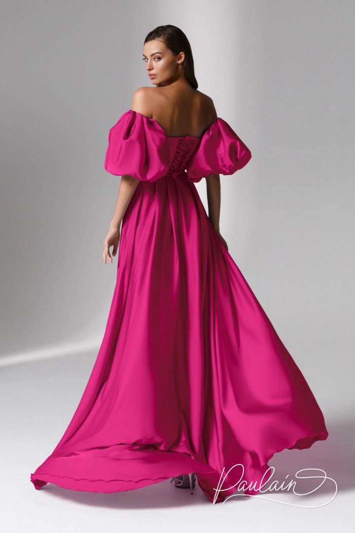 Яркое вечернее розовое платье со съемными рукавами и высоким разрезом - ЭЙВА | Paulain