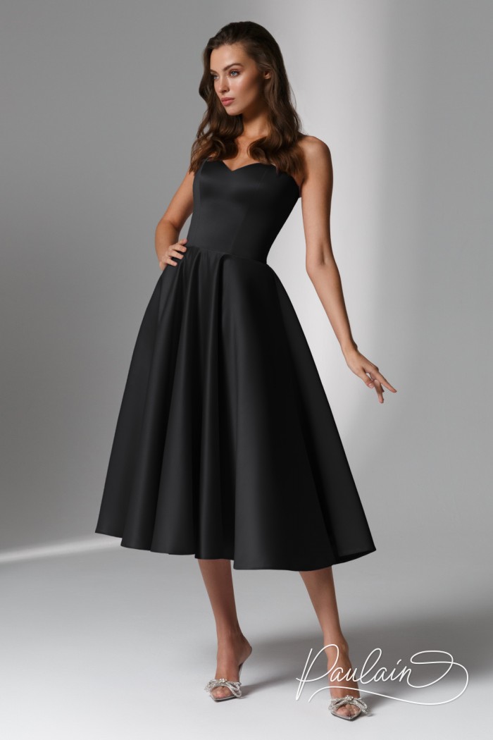 Коктейльное черное платье миди длины со съемными воздушными рукавами - ДЕМИ | Paulain