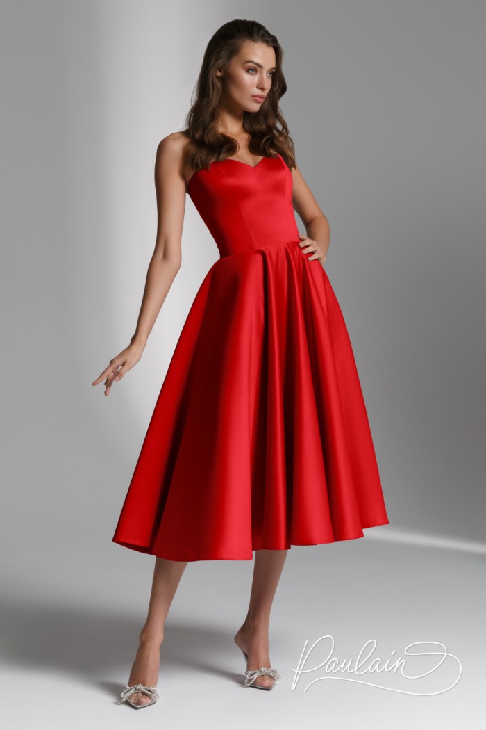 Красное коктейльное платье миди длины с открытыми плечами - ДЕМИ | Paulain