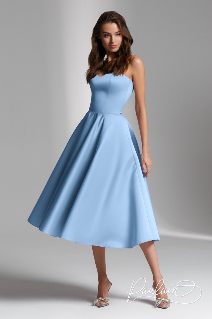 Голубое изящное коктейльное платье миди длины без декора  - ДЕМИ | Paulain