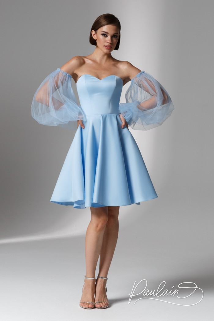 Короткое голубое открытое платье мини со съемным рукавом - ДЕМИ МИНИ | Paulain