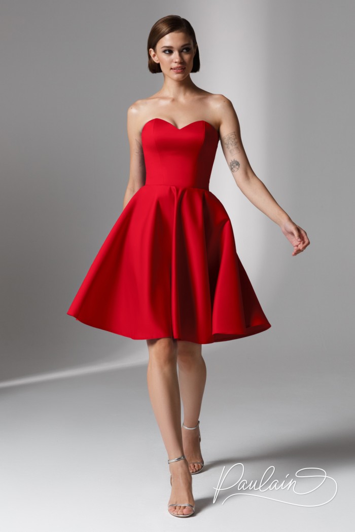 Элегантное красное коктейльное платье мини длины с открытыми плечами - ДЕМИ МИНИ | Paulain