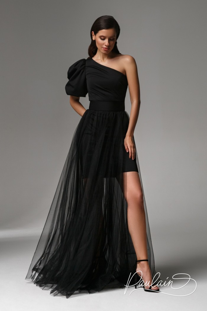 Вечернее черное платье трансформер со съемной юбкой и ассиметричным рукавом