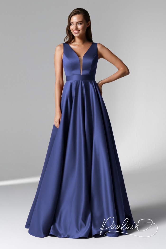 Синее атласное вечернее платье с глубоким вырезом, открытой спиной и без рукава - ХИЗЕР | Paulain