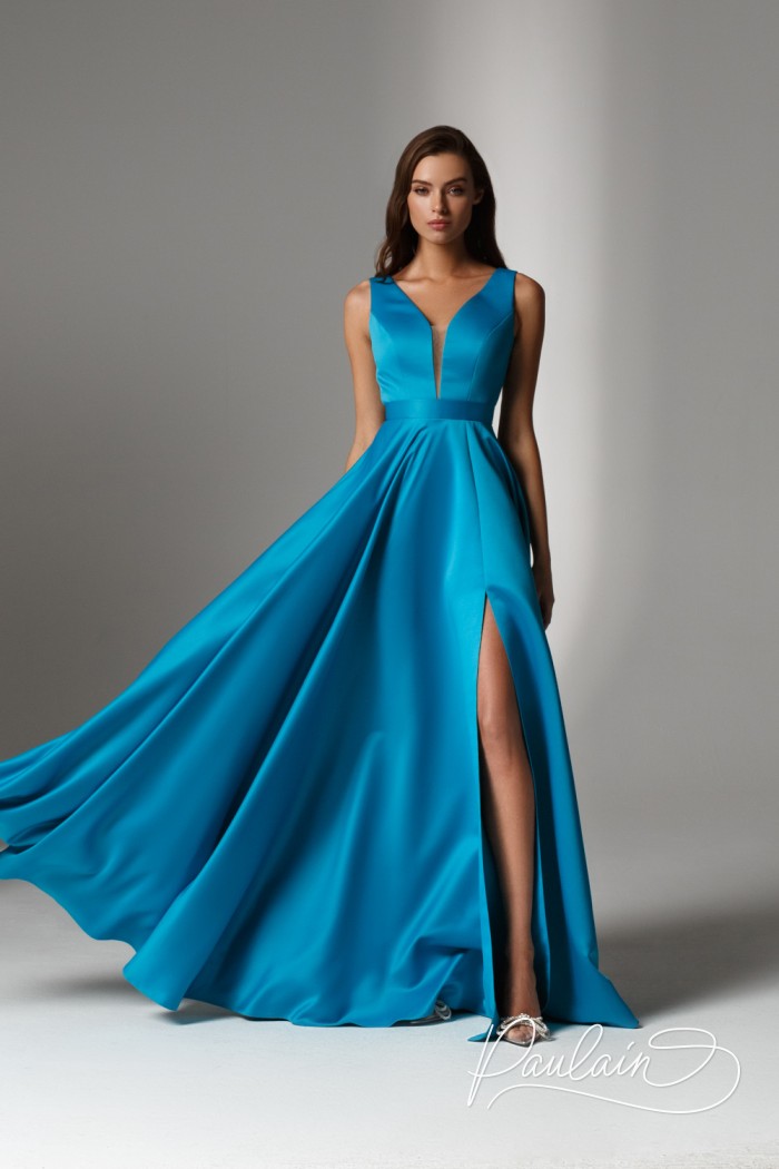 Женственное голубое платье с глубоким вырезом без рукава и разрезом по ноге - ХЬЮ | Paulain