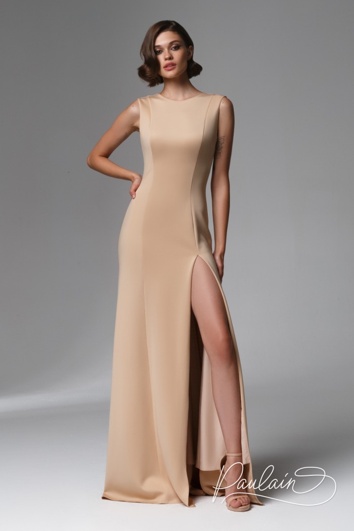 Элегантное вечернее платье с круглым вырезом без рукава в пол - ИЛАНА | Paulain
