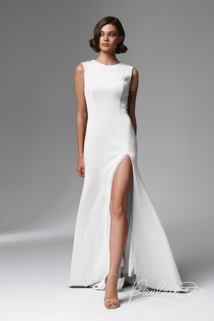 Молочное элегантное платье с круглым вырезом без рукава в пол - ИЛАНА | Paulain