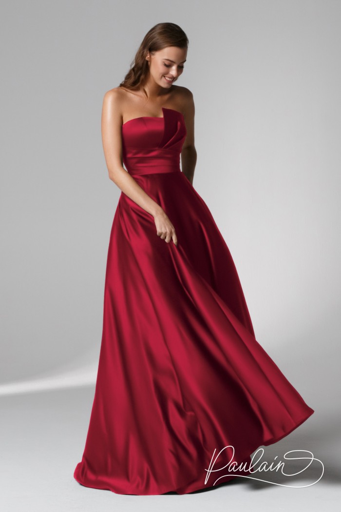 Вечернее атласное платье красного цвета на корсете без рукава - ИМАН | Paulain