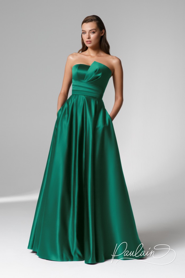 Открытое зеленое вечернее платье в пол на корсете - ИМАН | Paulain