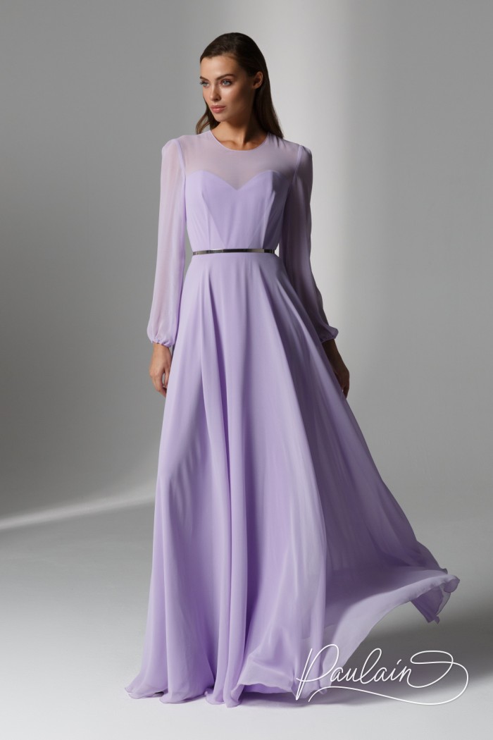 Нежное вечернее платье в пол с воздушными полупрозрачными рукавами - ЛИАМ | Paulain