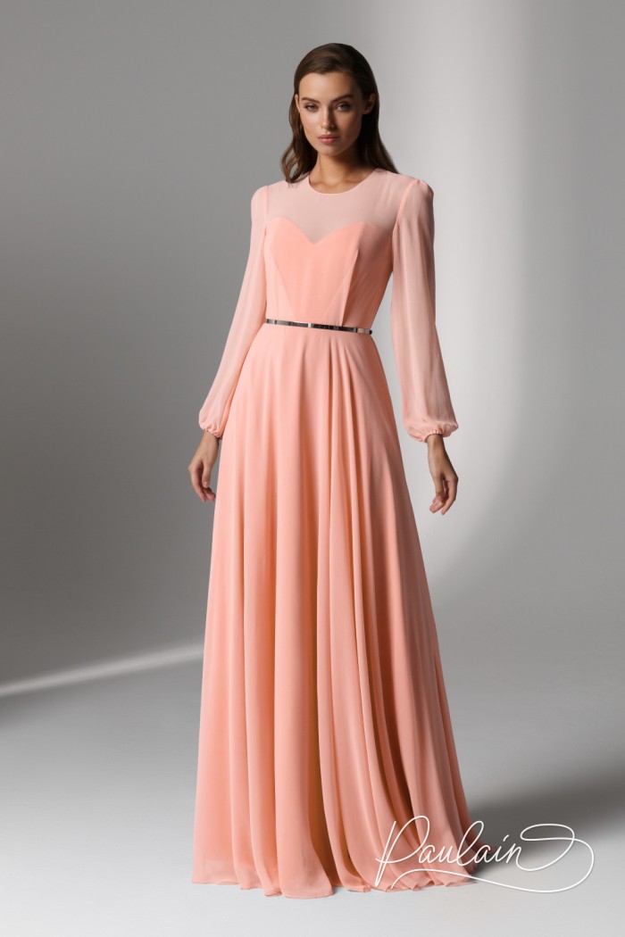 Легкое персиковое вечернее платье с длинным руковом - ЛИАМ | Paulain