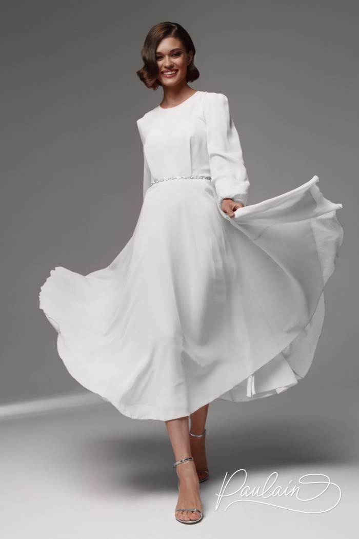 Сдержанное закрытое свадебное платье для регистрации с длинным рукавом - ЛИАМ МИДИ | Paulain