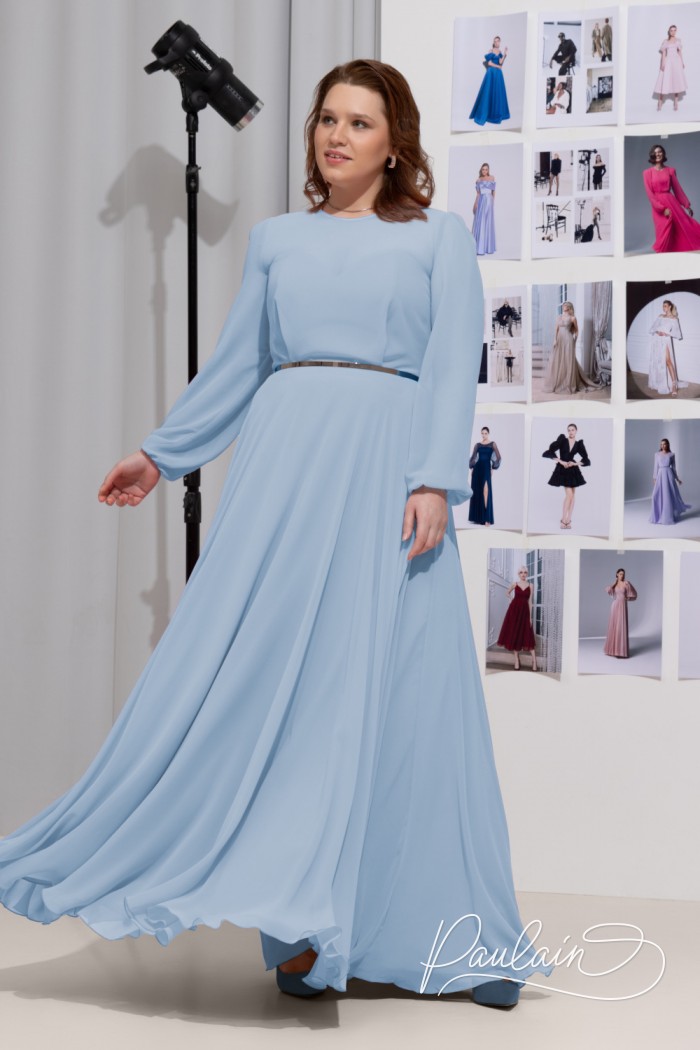 Легкое голубое вечернее платье со скрытым корсетом и длинным рукавом - ЛИАМ | Paulain
