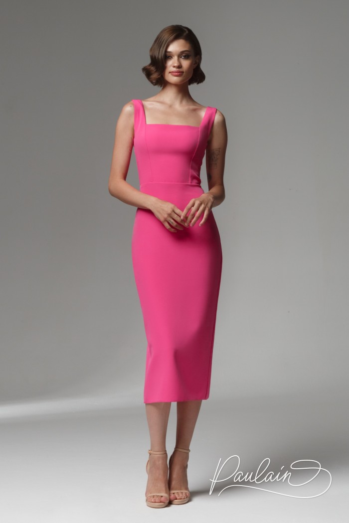 Розовое прямое коктейльное платье по фигуре с романтичными лямками-бантами - МИША | Paulain