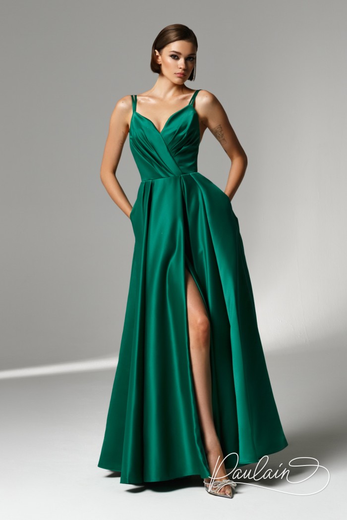 Вечернее зеленое длинное платье в пол с имитацией на запах  - РИАННОН | Paulain