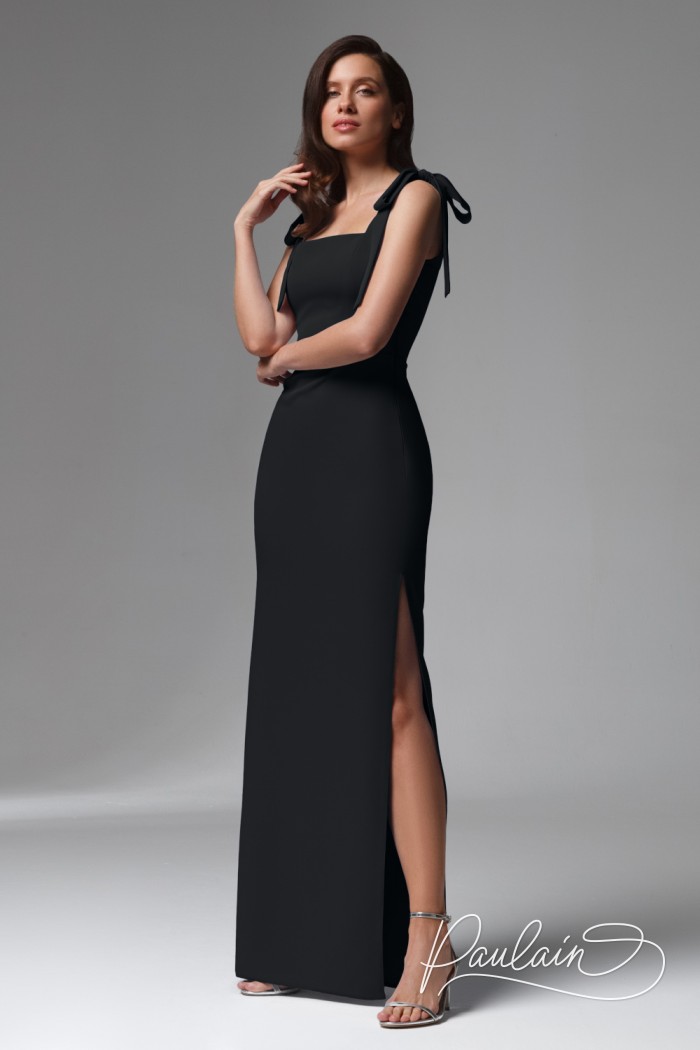 Элегантное черное длинное платье с разрезом по ноге на бретелях-завязках - СОРЕЙН | Paulain