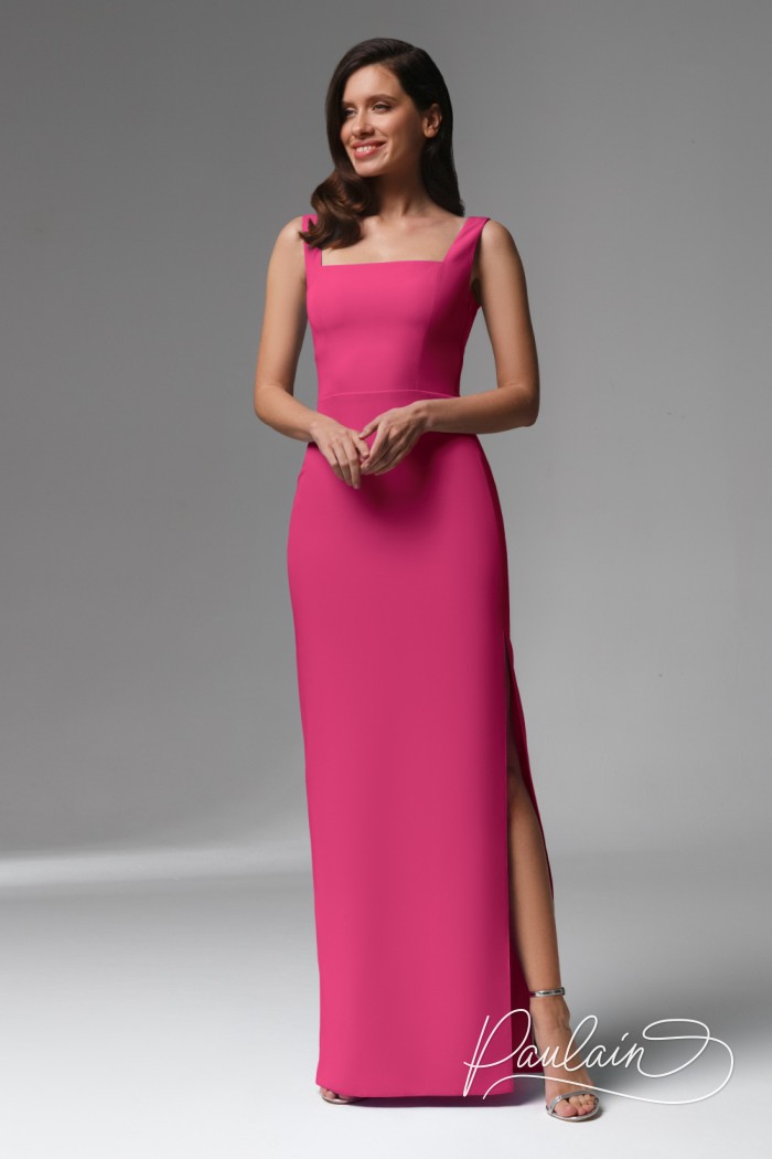 Длинное вечернее прямое розовое платье на бретелях с завязками - СОРЕЙН | Paulain