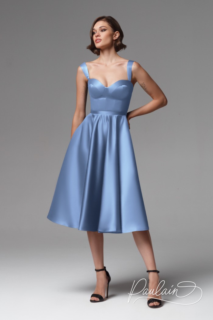 Коктейльное платье благородного голубого оттенка на бретелях - ТАТИ МИДИ | Paulain