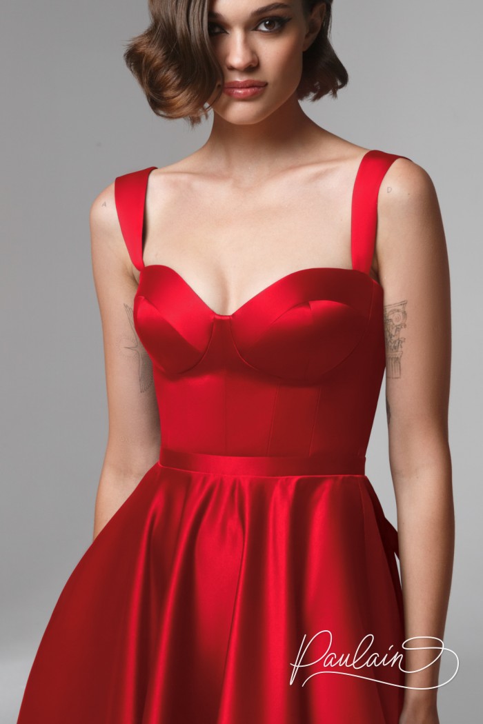 Красное коктейльное платье миди длины на корсете на бретелях  - ТАТИ МИДИ | Paulain