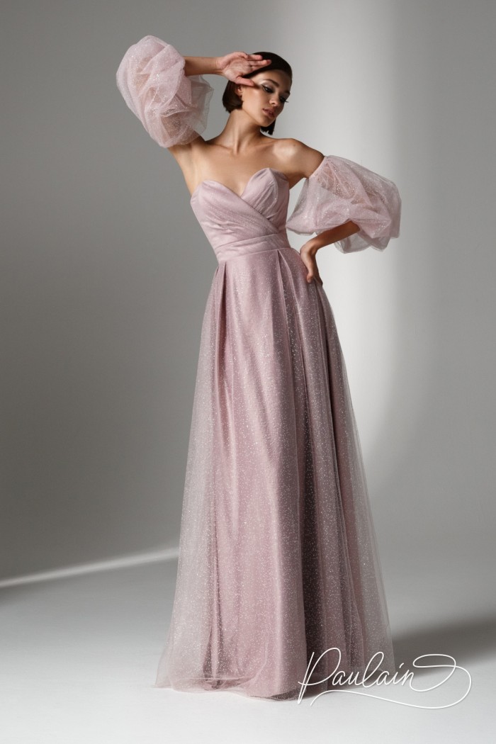 Красивое вечернее блестящее розовое платье в пол со съемными рукавами - ВЕНДИ | Paulain