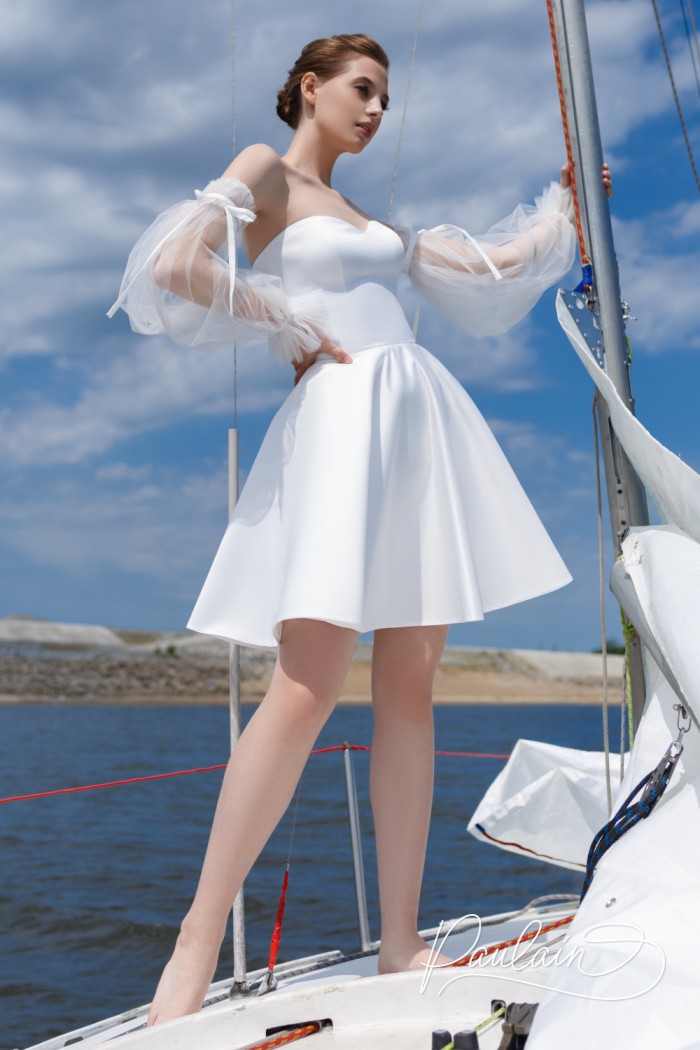 Легкое белое корсетное платье мини длины со съемным рукавом - ДЕМИ МИНИ | Paulain
