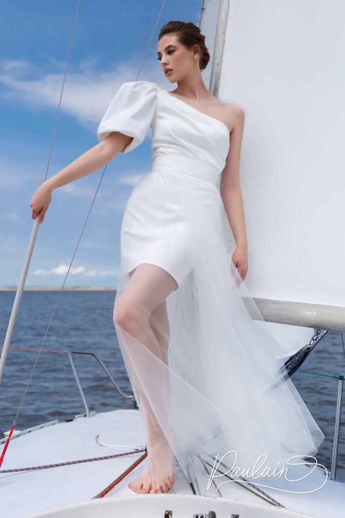 Белое вечернее платье трансформер со съемной юбкой и ассиметричным рукавом - ДИЛАН | Paulain