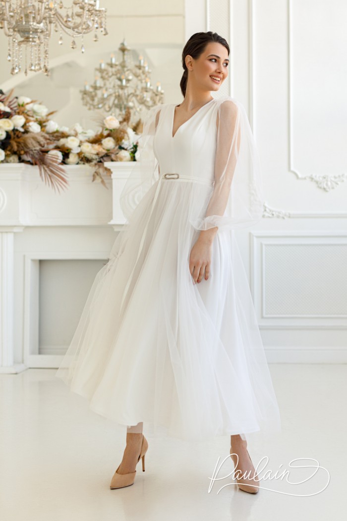 Воздушное легкое свадебное платье с легкими рукавами чайной длины - ЭЙПРИЛ | Paulain