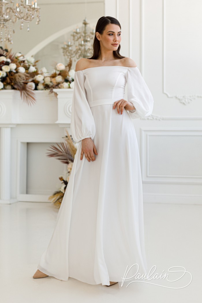 Прямое свадебное длинное платье с рукавом и открытыми плечами - МИННА Макси | Paulain