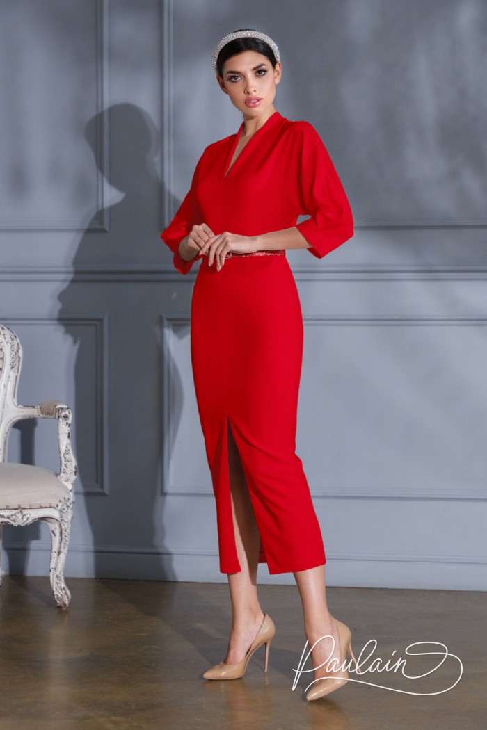 Дизайнерское платье миди длины с узким вырезом и рукавом - АЛЬБА | Paulain