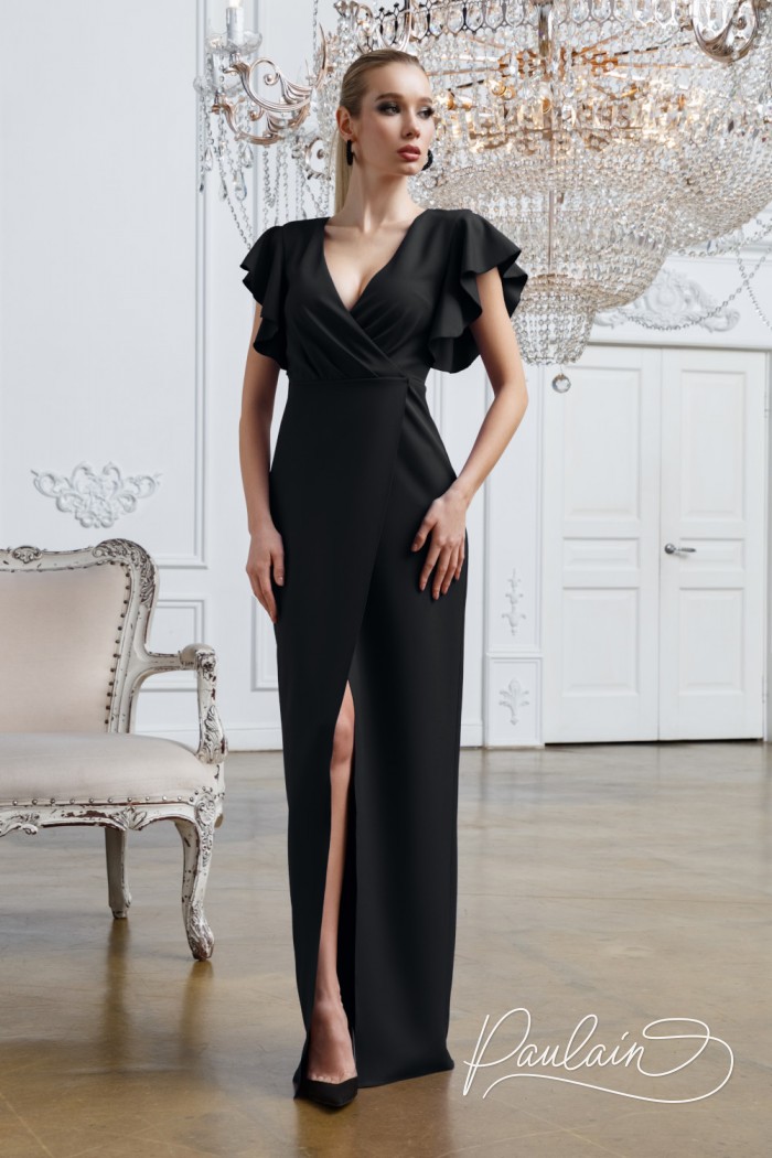 Элегантное длинное черное платье с глубоким вырезом и разрезом по ноге - БЕНЕДИКТ | Paulain