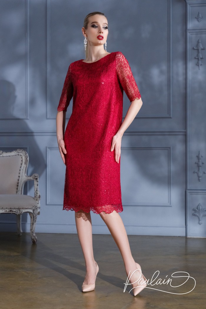 Красивое красное кружевное платье прямого силуэта длины миди с рукавом - РАФИНАТА | Paulain