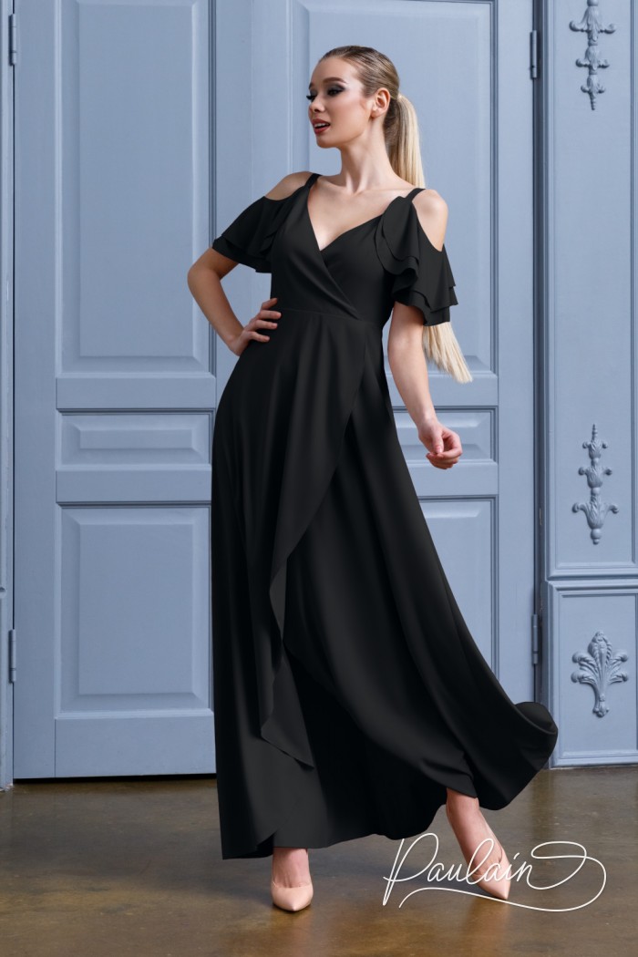 Вечернее длинное черное платье на бретелях с вырезом и коротким рукавом - ТОВА | Paulain