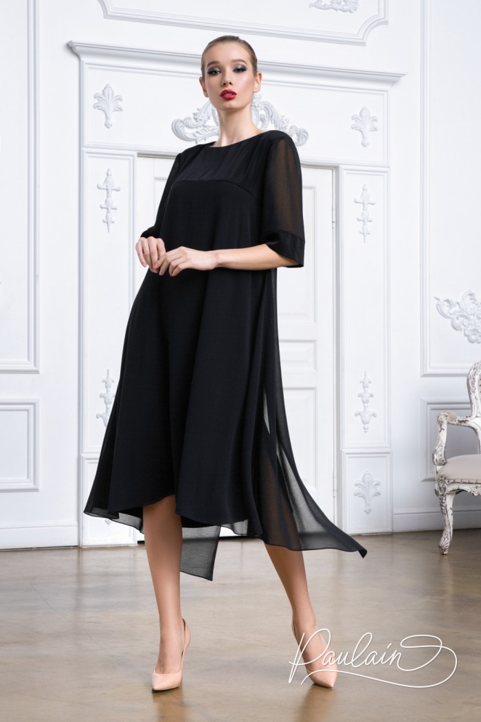 Женственное легкое платье черного цвета миди длины с рукавом - ТВИЛЛ | Paulain