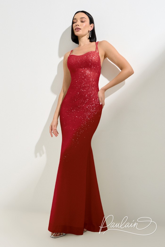 Красное блестящее платье по фигуре с открытой спиной на бретелях - ВЫЗОВ ПРИНЯТ | Paulain