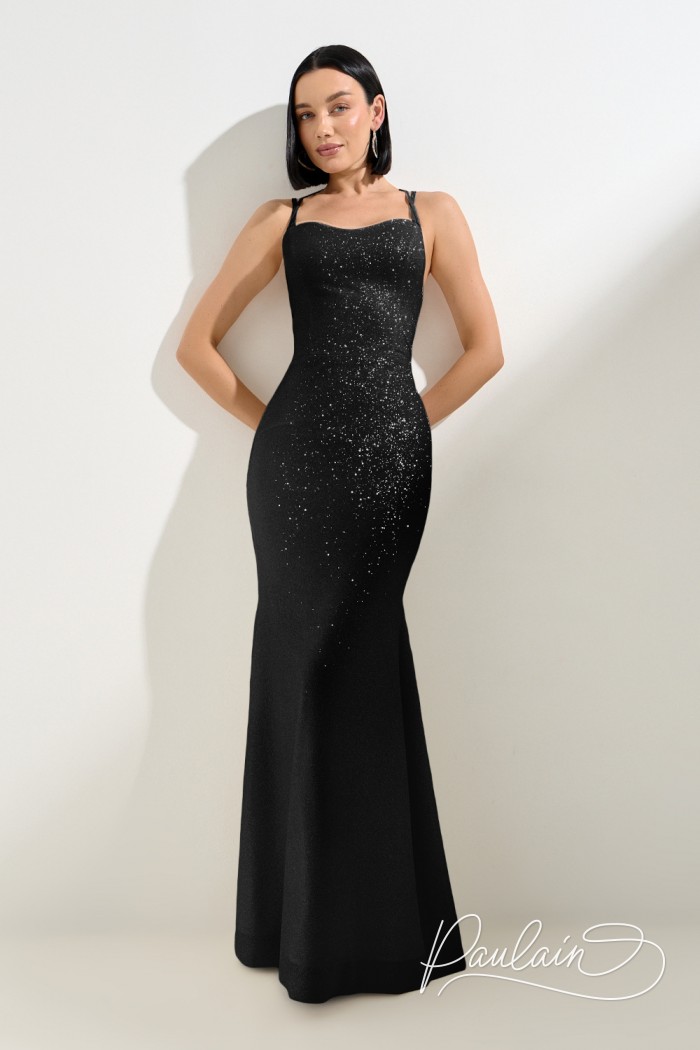 Черное блестящее платье в пол силуэта рыбка с открытой спиной и тонкими бретелями - ВЫЗОВ ПРИНЯТ | Paulain