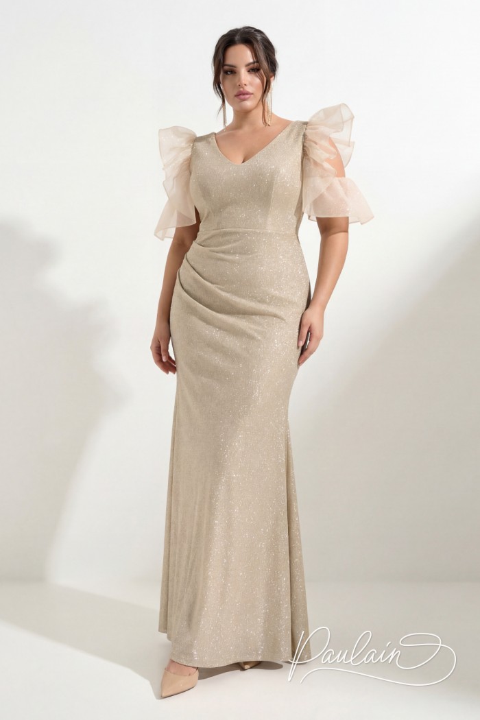 Красивое светлое платье макси длины с коротким фигурным рукавом большого размера - ПЕРВОЕ ВПЕЧАТЛЕНИЕ ЛАЙТ | Paulain