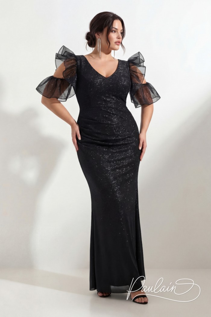 Блестящее черное платье в пол с фигурными рукавами большого размера - ПЕРВОЕ ВПЕЧАТЛЕНИЕ | Paulain
