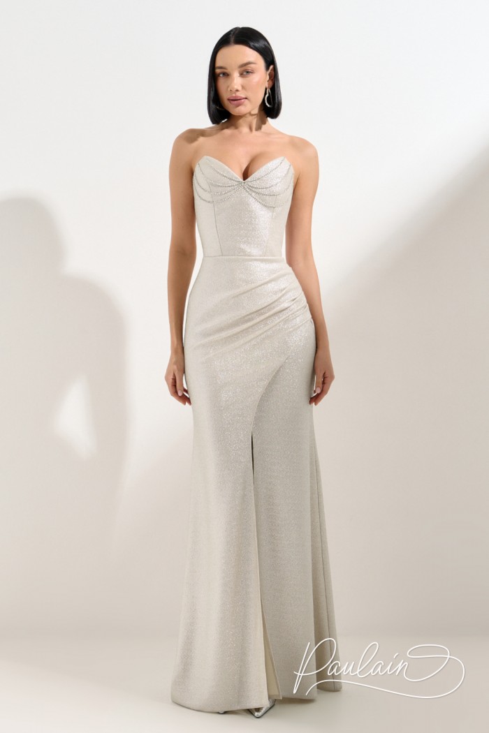 Корсетное вечернее платье платинового цвета с жемчужным декором - СИЛА ПРИТЯЖЕНИЯ | Paulain