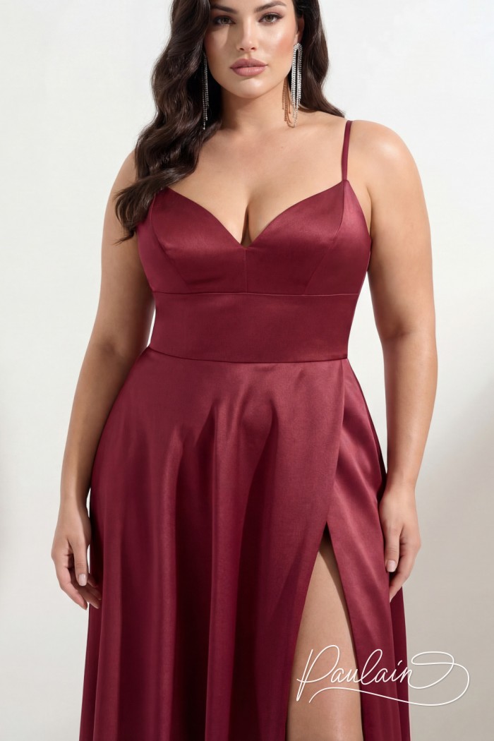 Атласное вечернее платье в пол с разрезом по ноге на тонких бретелях - БЕЗУПРЕЧНЫЙ ВКУС | Paulain
