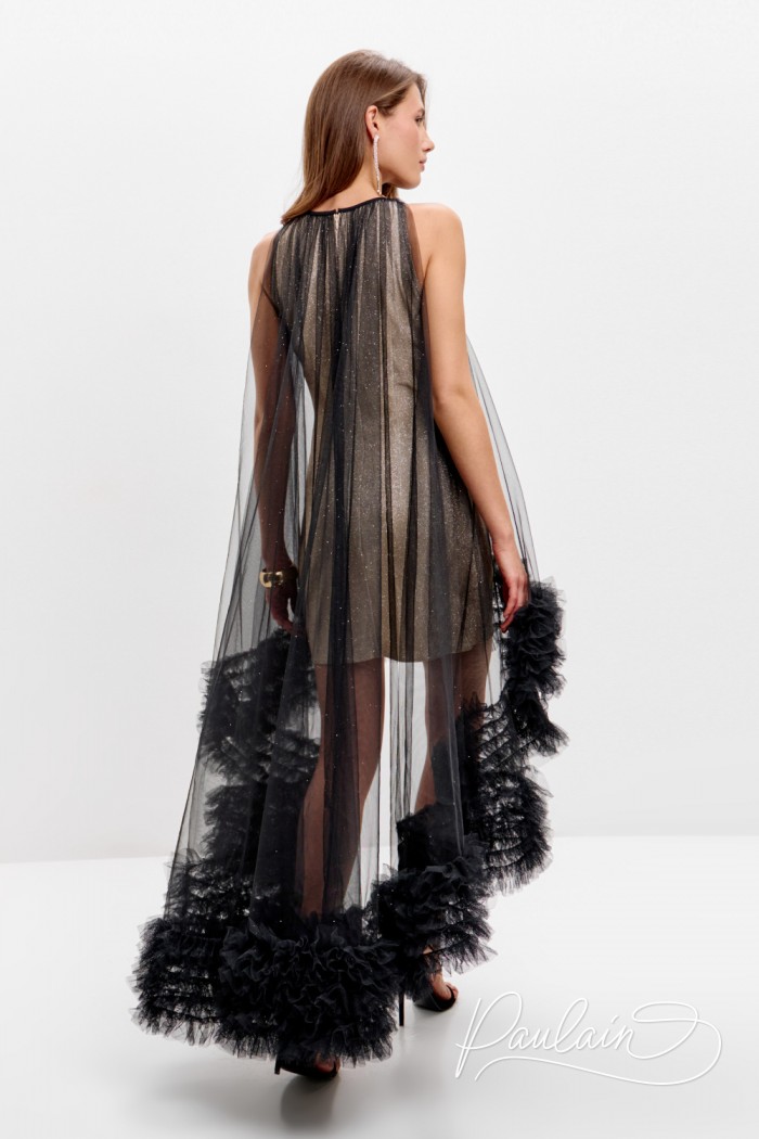 Дизайнерское вечернее платье без рукава с переменной длиной окантованное воланом - ЛИЛАС | Paulain