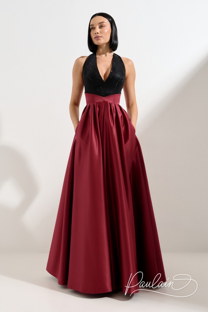 Вечернее платье винного оттенка с карманами и контрастным лифом - ГЛАВНАЯ РОЛЬ | Paulain