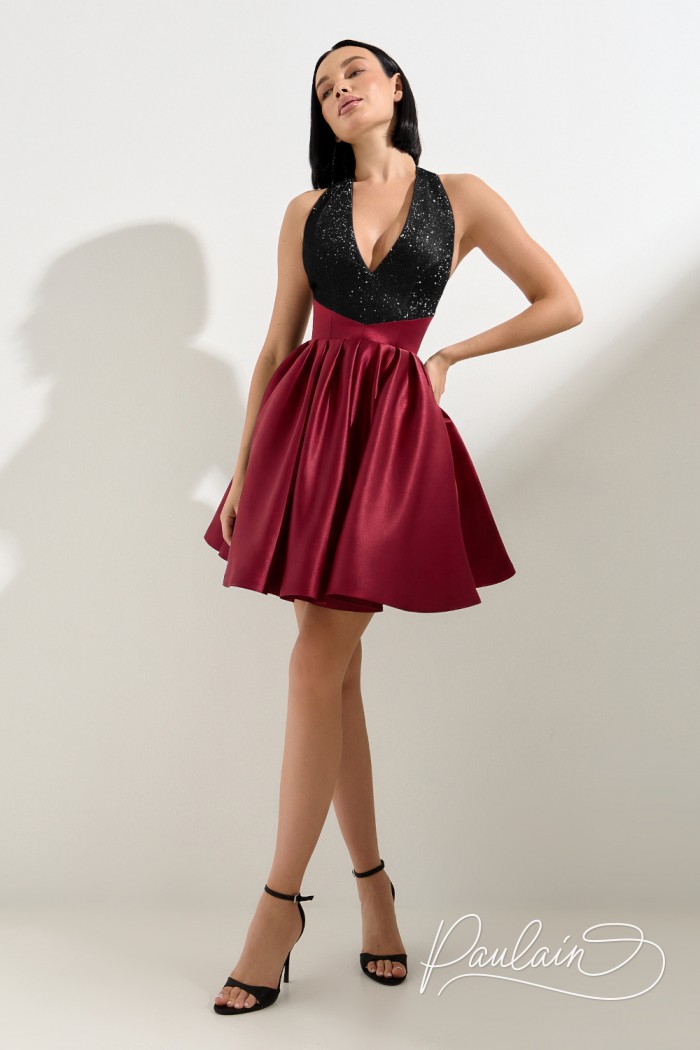 Короткое платье с пышной юбкой винного оттенка и лифом черного цвета - ГЛАВНАЯ РОЛЬ МИНИ | Paulain