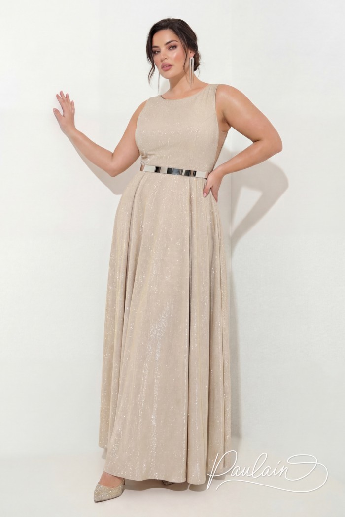 Светлое вечернее платье макси длины с открытыми руками и горловиной лодочкой - ЛУННЫЙ СВЕТ | Paulain